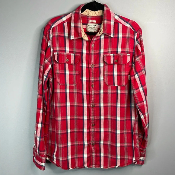 BURTON Mens DryRide Plaid Flannel Shirt Red White Blue Cotton Chest Pockets L - Picture 13 of 13